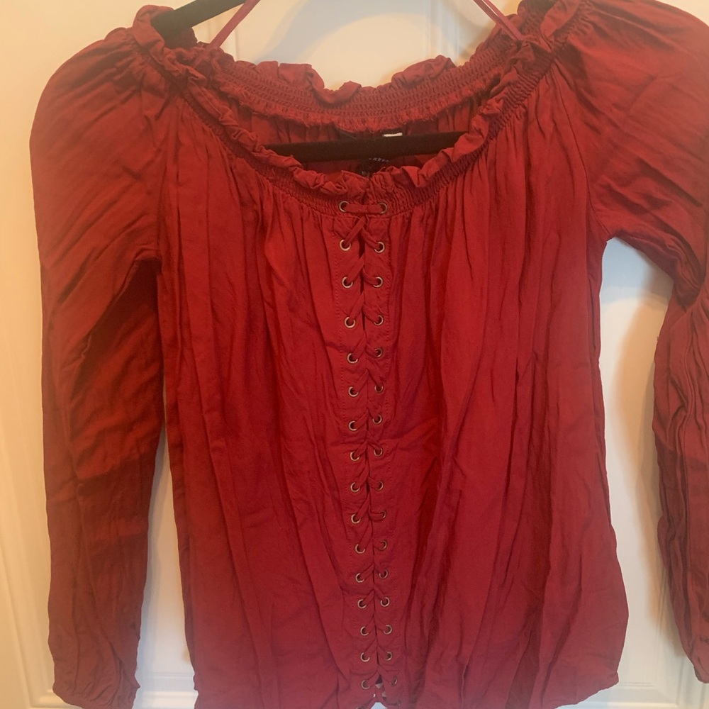 Rock & Republic deep red, off shoulder (or not) lace up front.